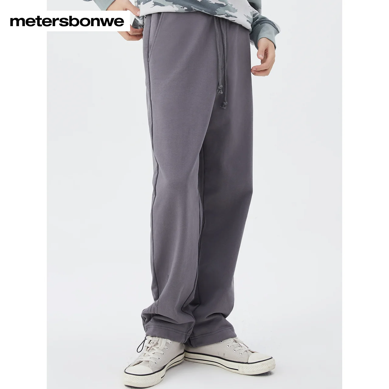 Metersbonwe-Men's 100%Cotton Casual Loose Pants Elasticated Waist Straight Leg Trousers Drawstring At The Ankle Jogger Autumn