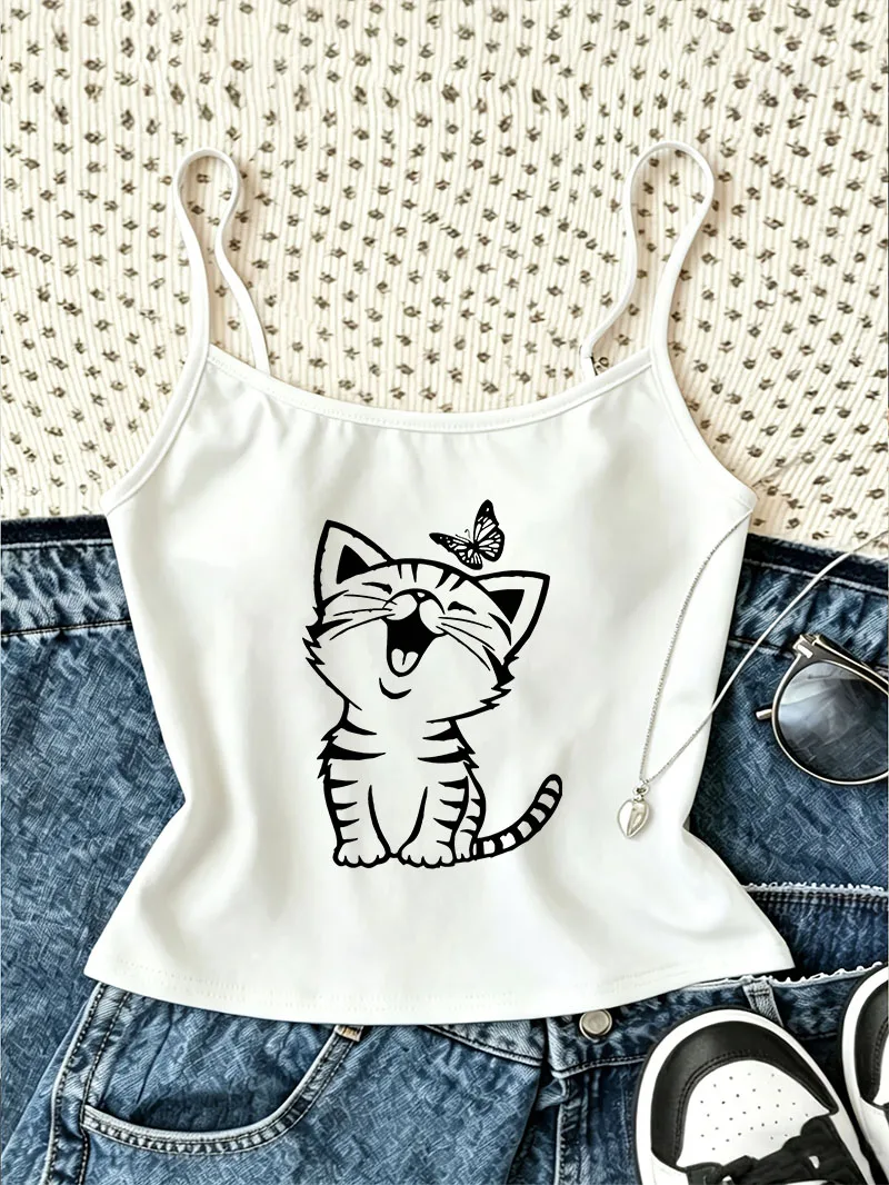 Cute Cat with Butterfly Print Crop Top Tank Top Camisole Top Casual Vest Streetwear Spring Summer 90s Women'S Shirt