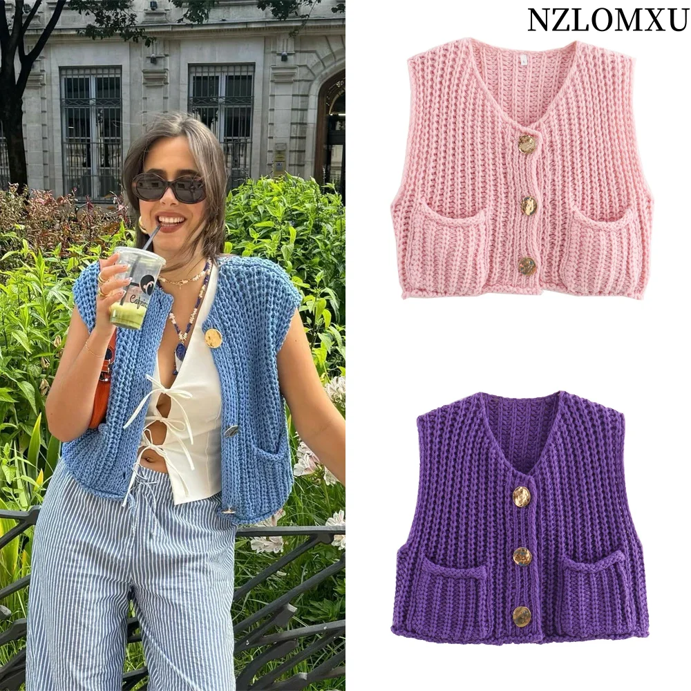 

2024 Autumn New Women's Fashion Leisure Versatile Round Neck Sleeveless Coarse Needle Knitted Tank Top