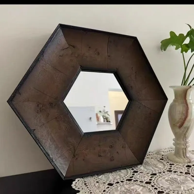 French retro small hexagonal decorative frame log tree tumor old craft frame charcoal leather craft study Maillard mirror