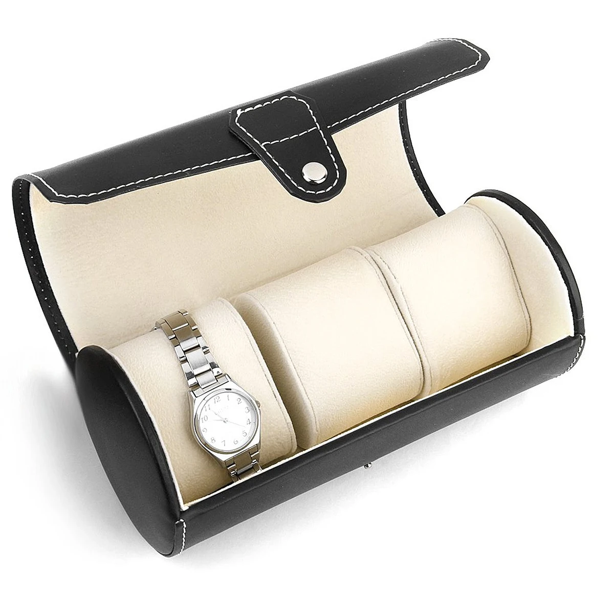 

Portable Watch Box 3 Slots Storage Dustproof 48x3 54in PU Case Cylindrical Button Closure Protect Watches Bracelets