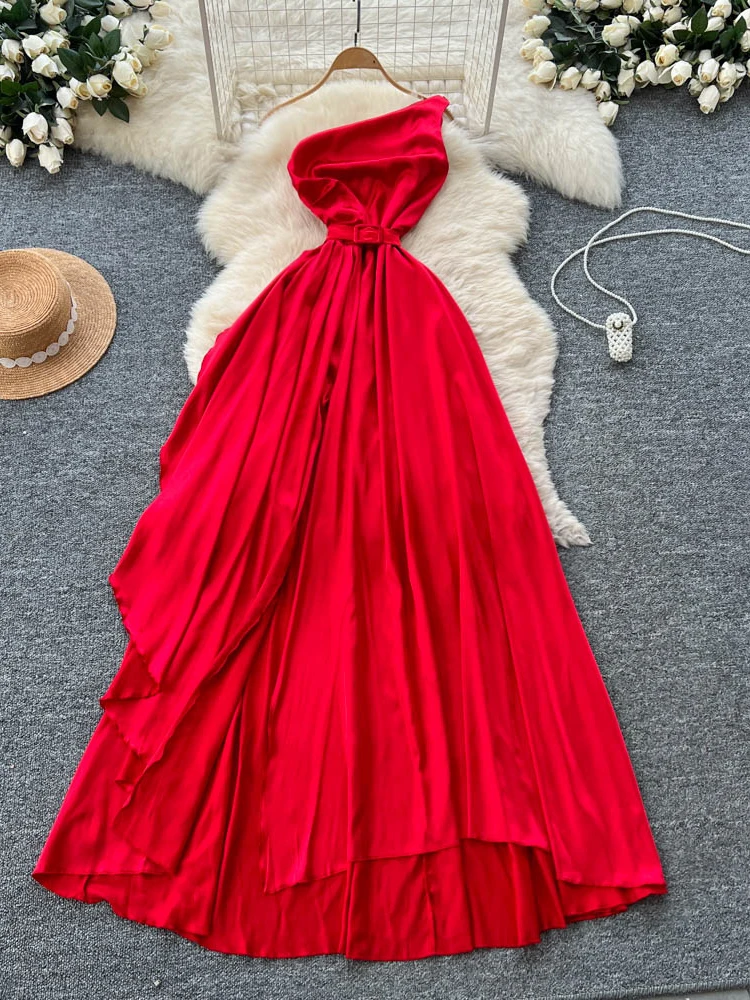 

Spicy Girl Sle Asymmetrical Design Long Dr Women's Autumn High Ne Big Swing Skirt Skeleton Highlighting Dr Ci Com...