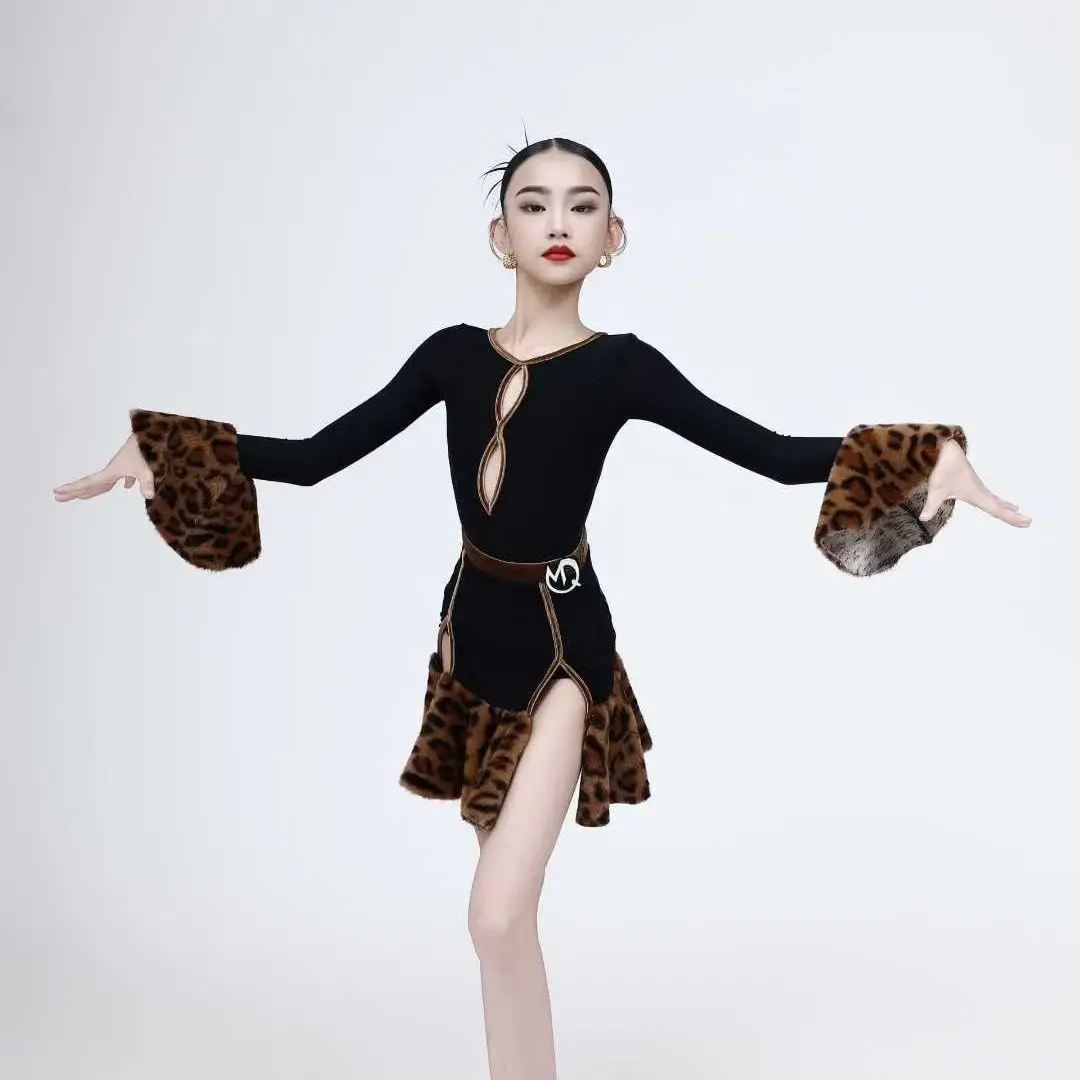 Vestidos de danza del vientre para mujer, retales de leopardo, traje latino, vestido de manga larga para niña, ropa de vendaje de competición para mujer