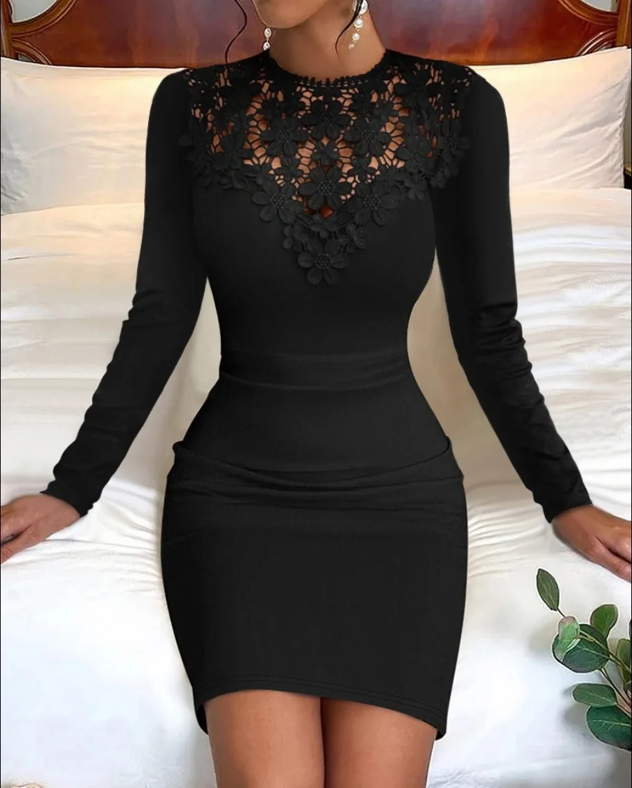 

Womens Dresses 2024 Fashion New Black Lace Patch Long Sleeve Round Neck Elegant Mini Casual Daily Bodycon Dress Woman Clothing