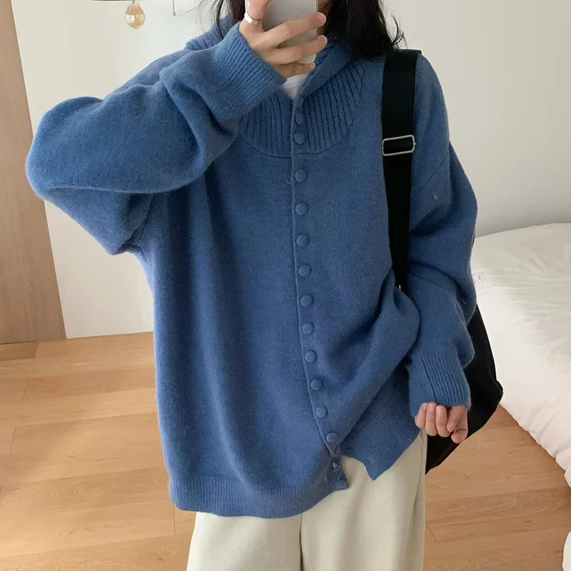 

Korean Style 2025 New Arrival Autumn Women Single Breasted Hooded Collar Cardigan Casual Loose Long Sleeve Knitted Sweater Y08