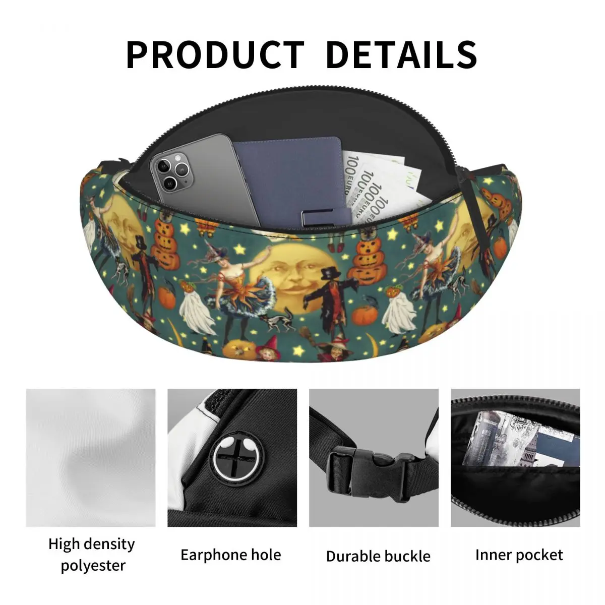 خمر أشباح الهالوين الساحرات الهيكل العظمي القطط الكولاج حزمة مراوح لتشغيل النساء الرجال Crossbody الخصر حقيبة الهاتف المال الحقيبة