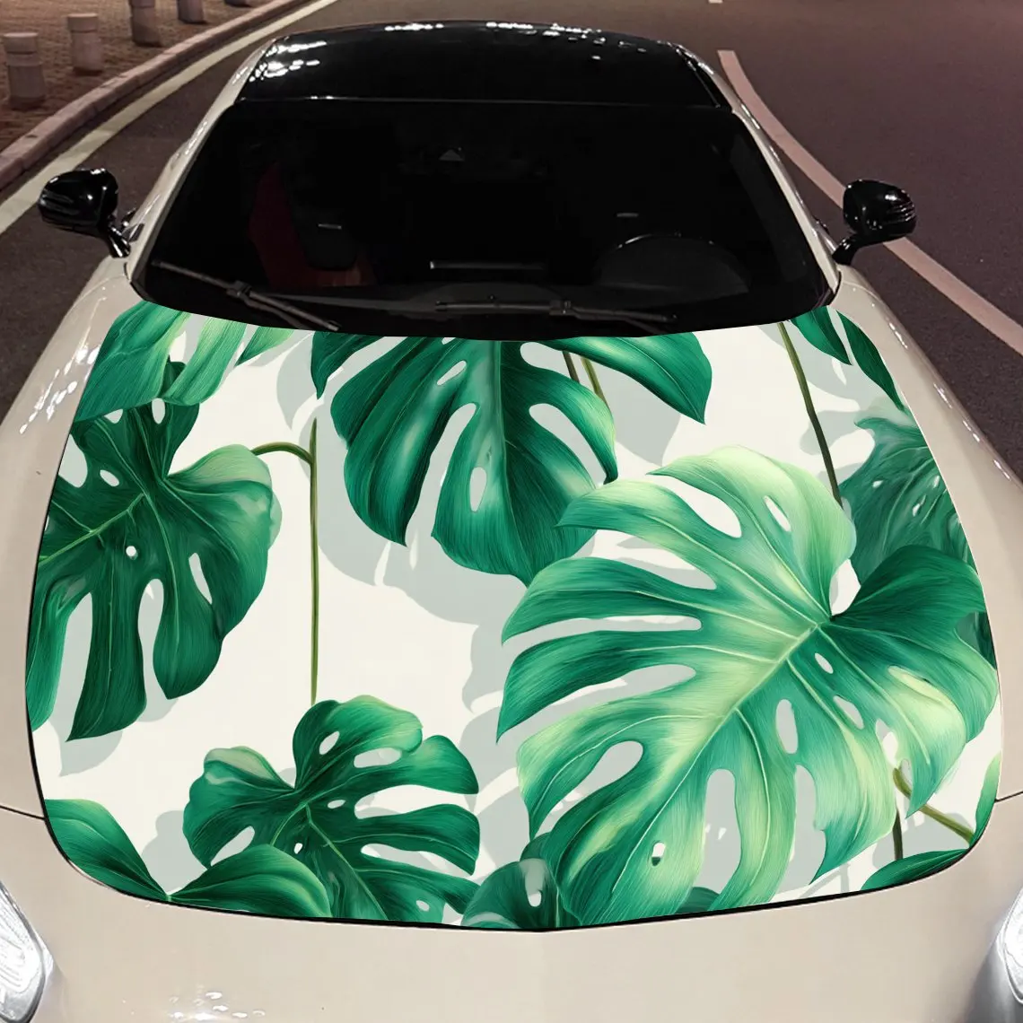 Simulated Palm Leaves Car Hood Vinyl Stickers Car Surface Protection Decal Car Decoration Cover Vinyl Wraps Waterproof Self-adhe