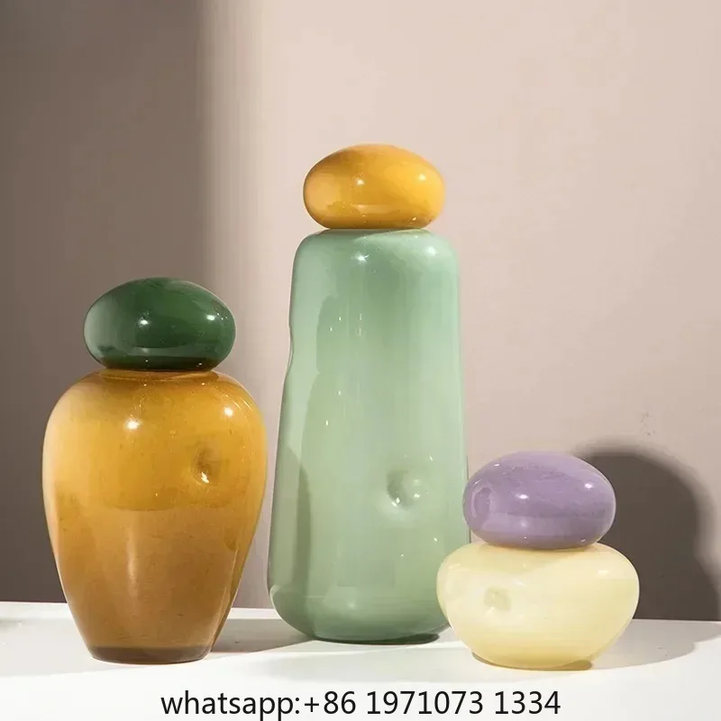 Elliptical Colored Stone Glass Vase with Cover Desk Decoration Flower Arrangement Flower Pots Floral Vases Room  Decor