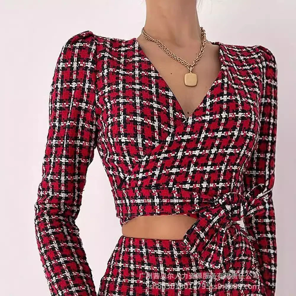 Print Plaid Shirt Sets Women Two Piece Short Skirt Casual A Line Spliced Full Sleeve Tops High Waist Lace Up Elegant Lady