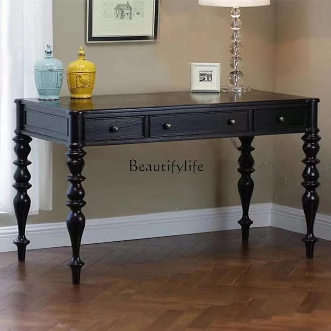 

American solid wood simple light luxury desk retro engraving European black minimalist computer desk