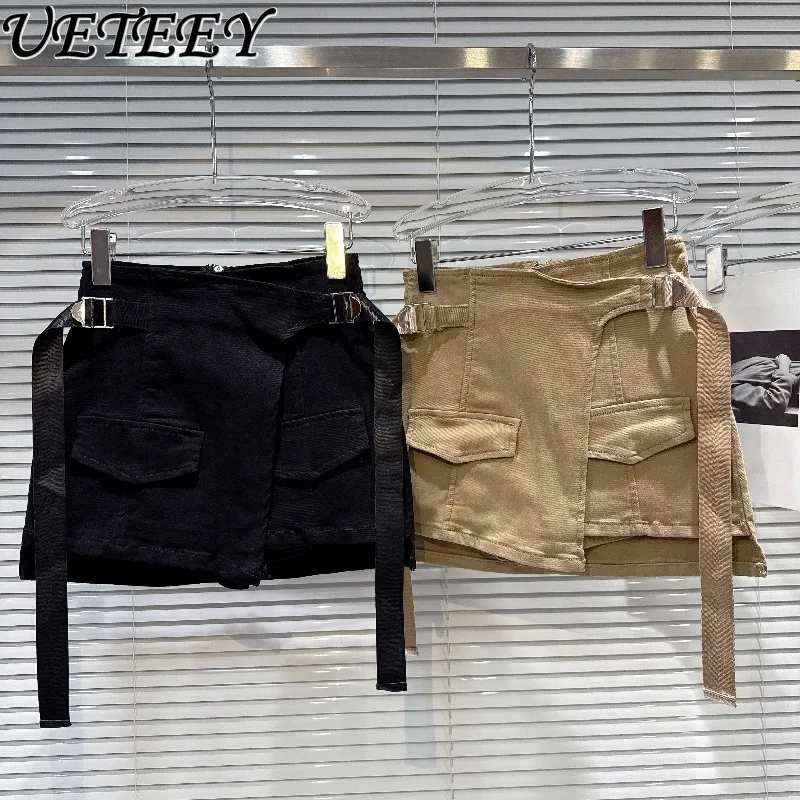 

Autumn New Hot Girl Metal Buckle Asymmetrical Strap Denim Short Skirt Elegant Versatile Solid Color High Waist Mini Skirts