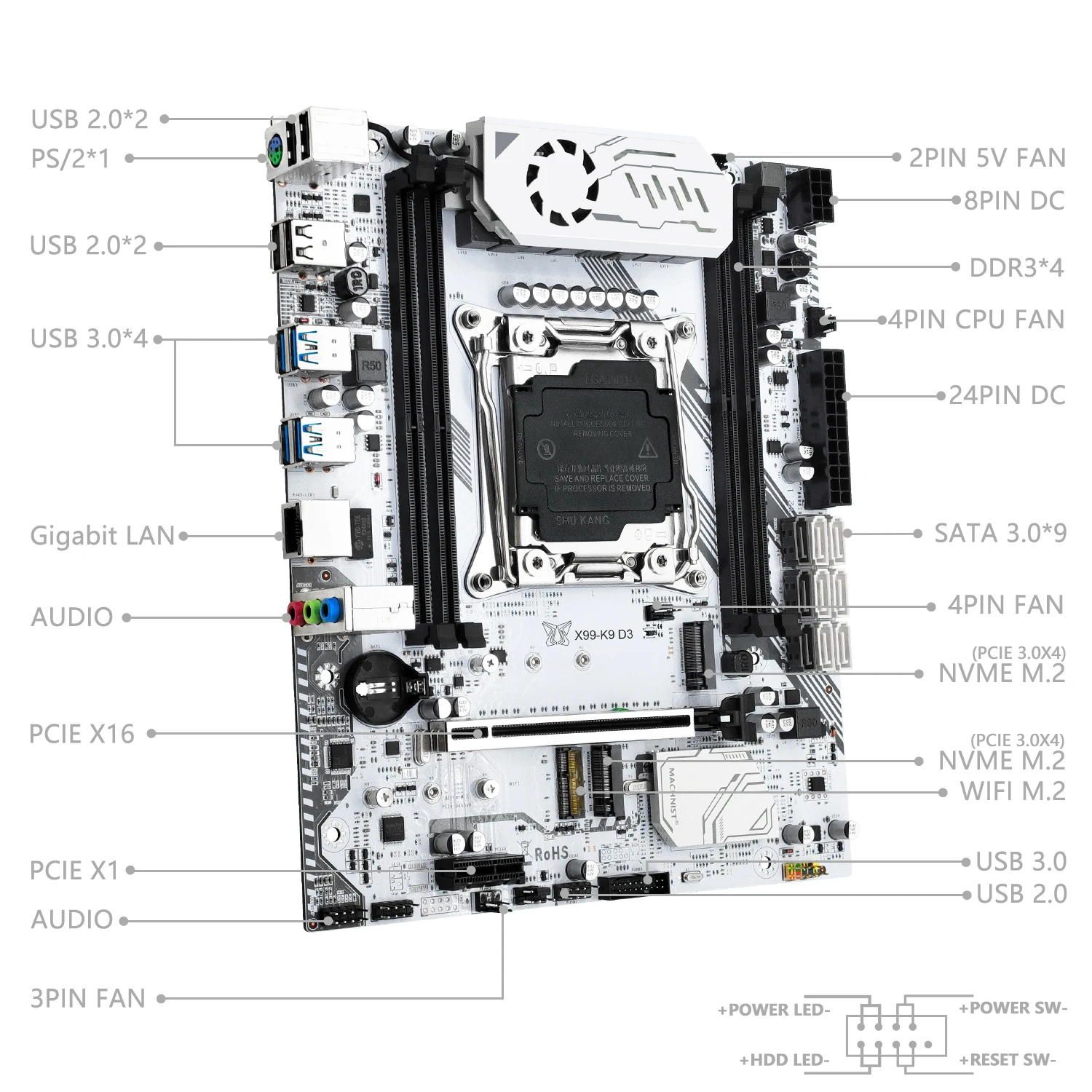 Imagem -02 - Placa-mãe d3 Suporte Intel Xeon e5 2666 2676 2696 v3 Processador Lga 20113 Ram Recc Ddr3 Nvme M.2 Wifi Machinist-x99 k9