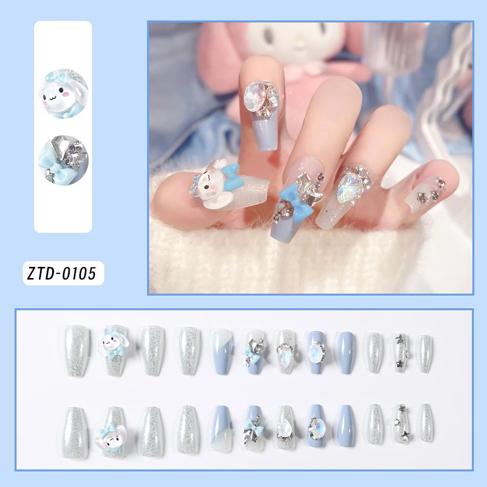 24Tips 3D Sanrio Cartoon Cinnamoroll Rhinestone Fake Nails Kawaii Anime Coffin Blue Bow Gems Press On Nail Fashion Nail Art Tips