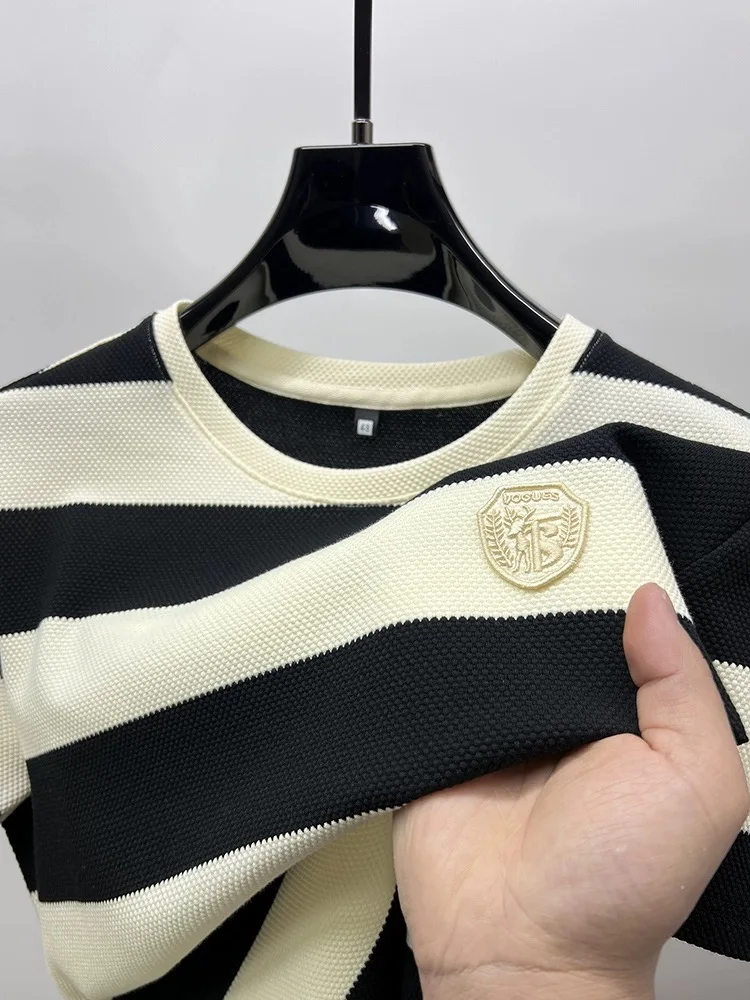 2024 High end brand fashion badge printed short sleeve T-shirt men summer trend striped round neck T-shirt casual breathable top