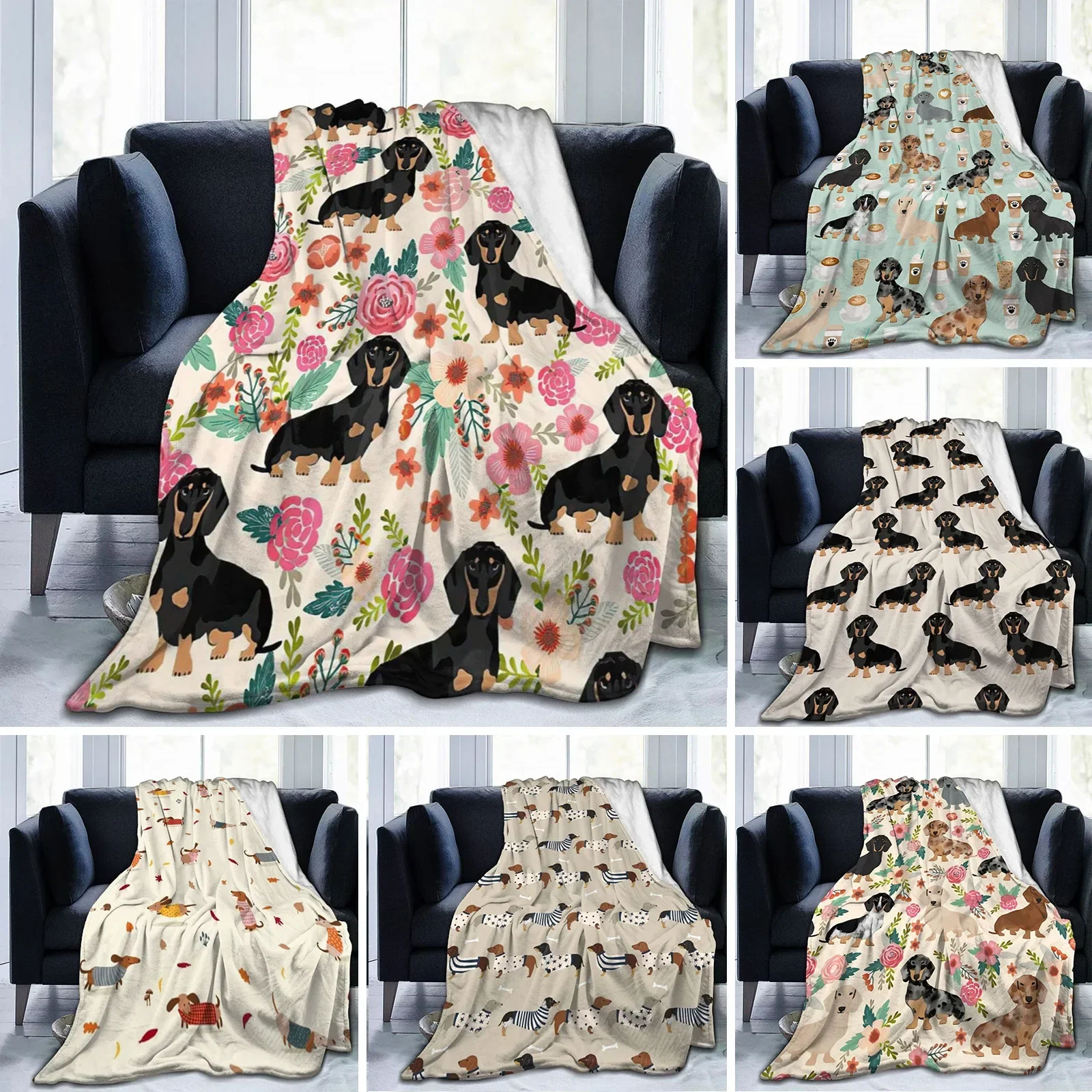 Dachshund In Sweaters Pattern Blankets Fleece Printed Cute Portable Soft Throw Blanket for Bed Office Quilt Dog Flannel Blanket