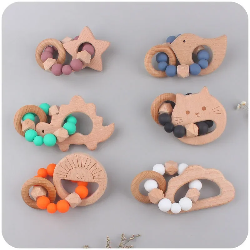 Baby Pacifier Clip Wooden Teethers Bracelet SetSilicone Beads Infants Teething Toy Anti-lost Chain Cartoon Star Cloud Cat