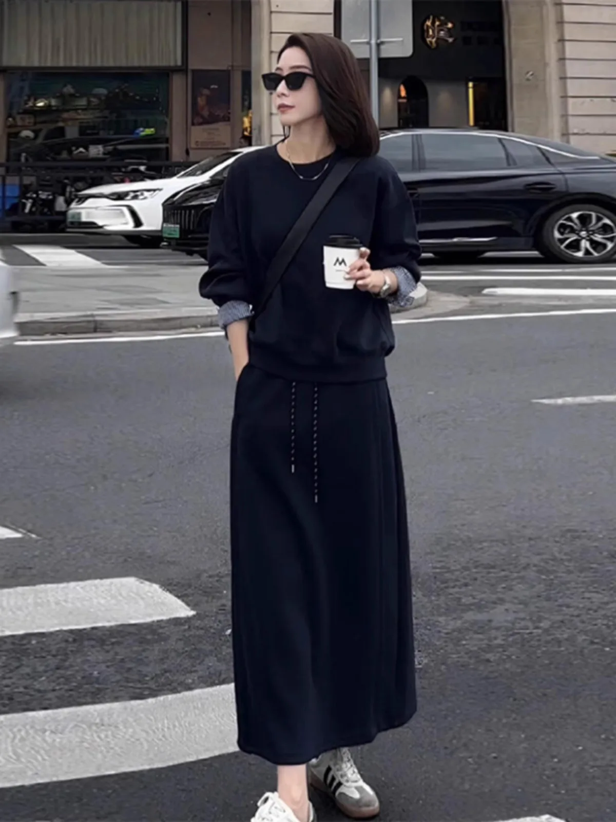 

Salt System Light Maturity Blue Patchwork Hoodie Skirt Set High Waist A-Line Midi Skirt Long Sleeve round Neck Sweatshirt Aut...