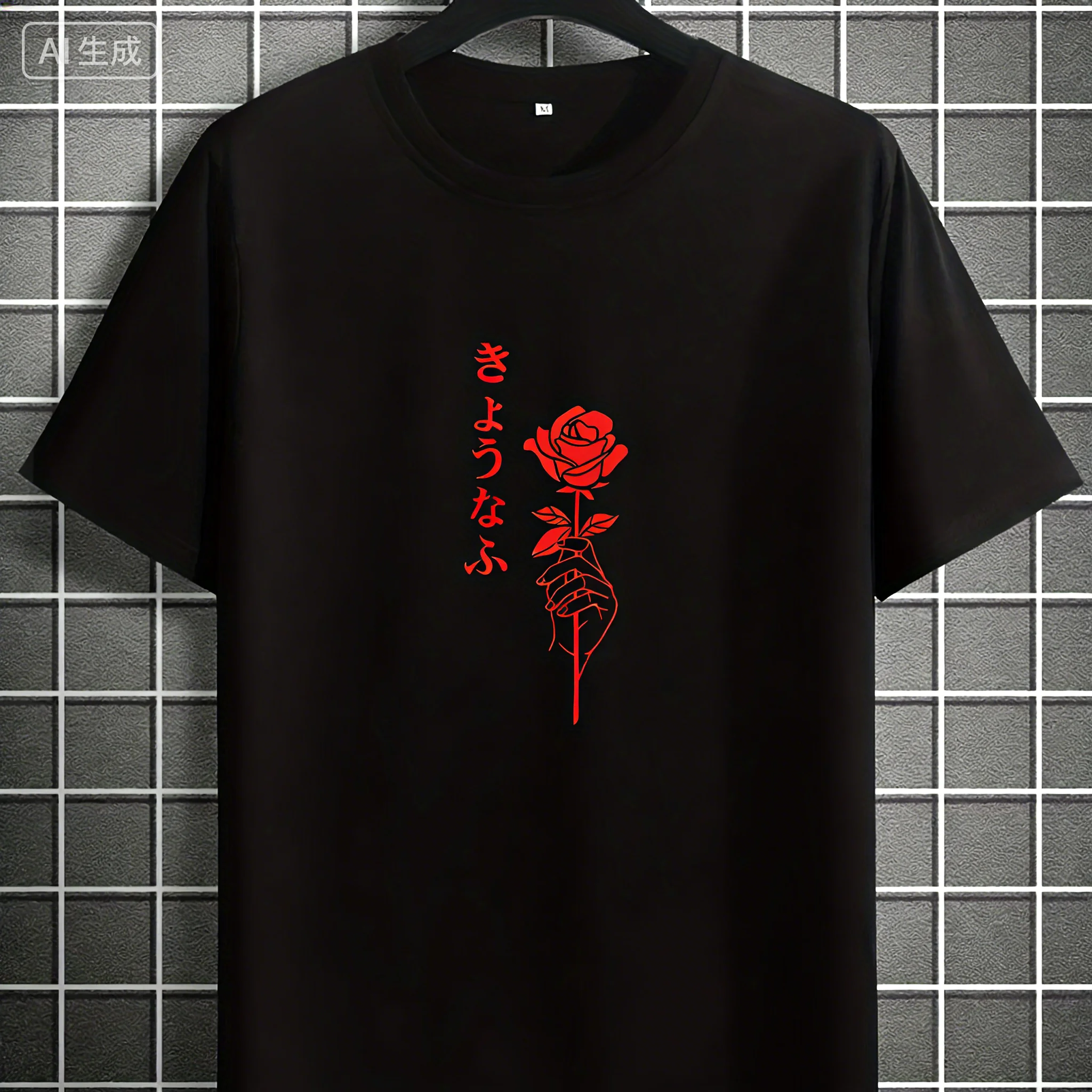 Summer Men's Adult American Style Rose Flower Print 100% Cotton Breathable Short-Sleeved Simple T-Shirt Loose and Comfortable