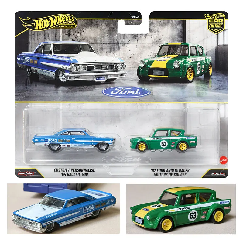 Hot Wheels Premium Car Culture  '64 Ford Galaxie 500 & '67 Ford Racer Real Riders Die‑cast Model Car Collectible Toy Gift HBL96
