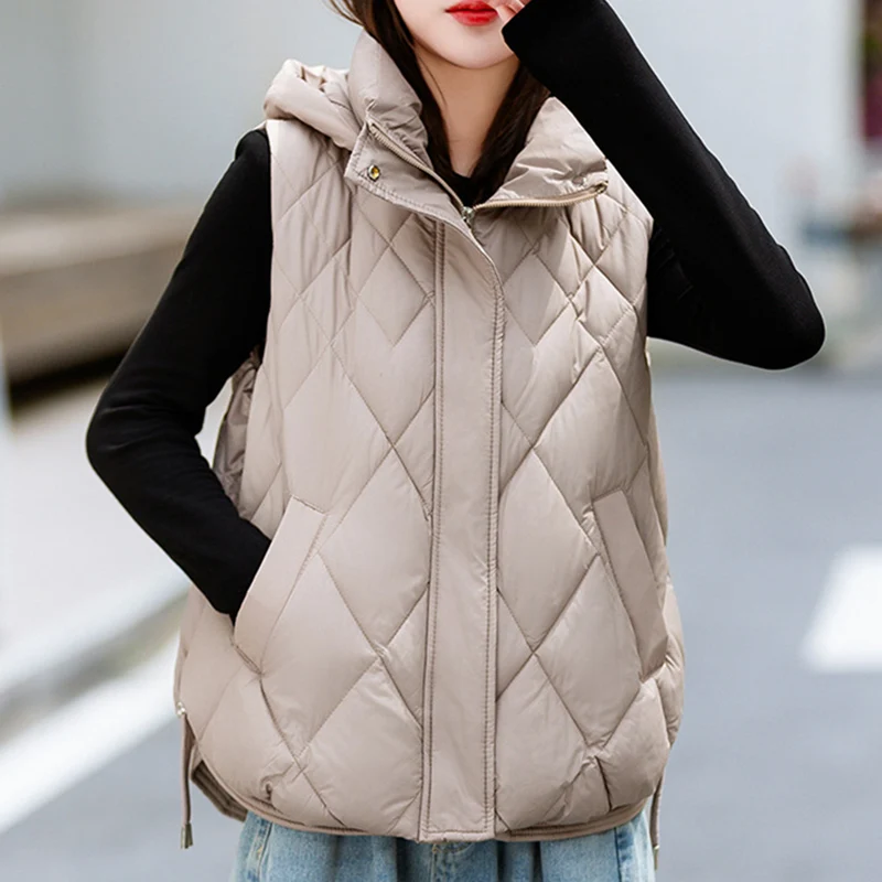 

All Math Stand Collar Cotton Vest Women Spring Autumn Chic Hooded Black Sleeveless Cotton Vest Woman Zipper Up Warm Tops Mujer