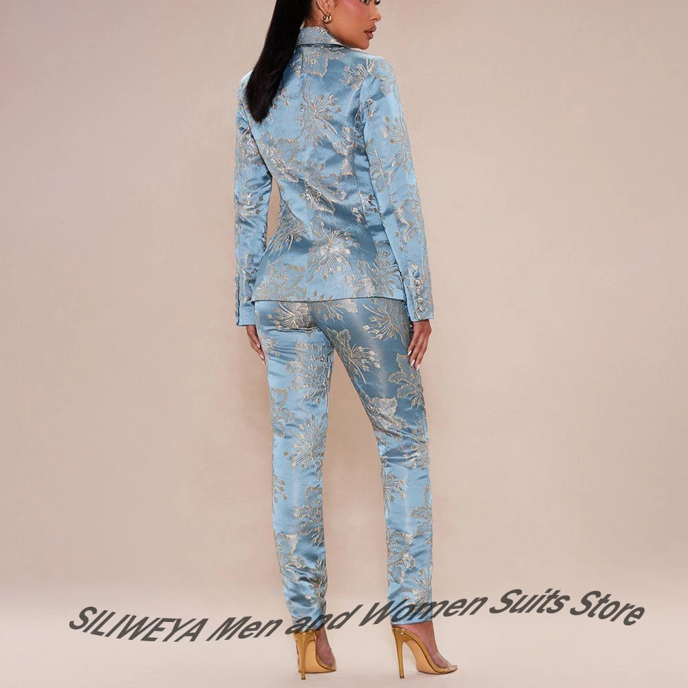 Luxury Women's Light Blue Embossed Satin Suit 2Piece Set Single Button Peaked Lapel Female Blazer Slim Fit Evening Party Wear