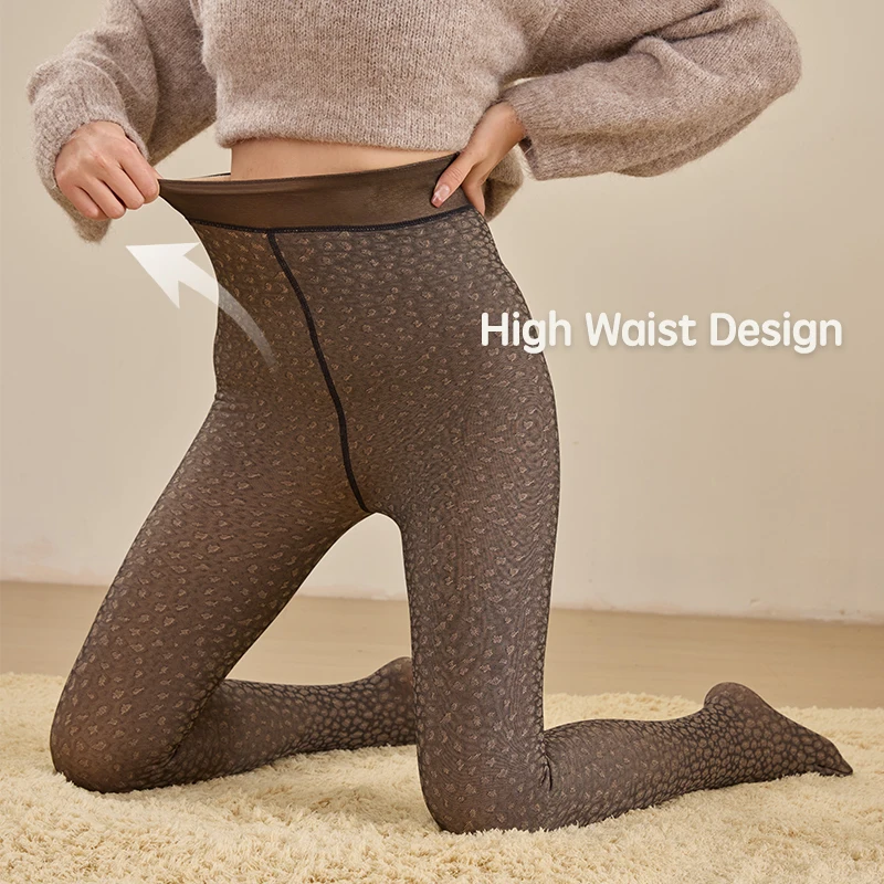 1 par de medias forradas de lana, mallas térmicas para mujer, pantimedias transparentes falsas translúcidas, cálidas, ajustadas, sexis, con patrón de leopardo para invierno