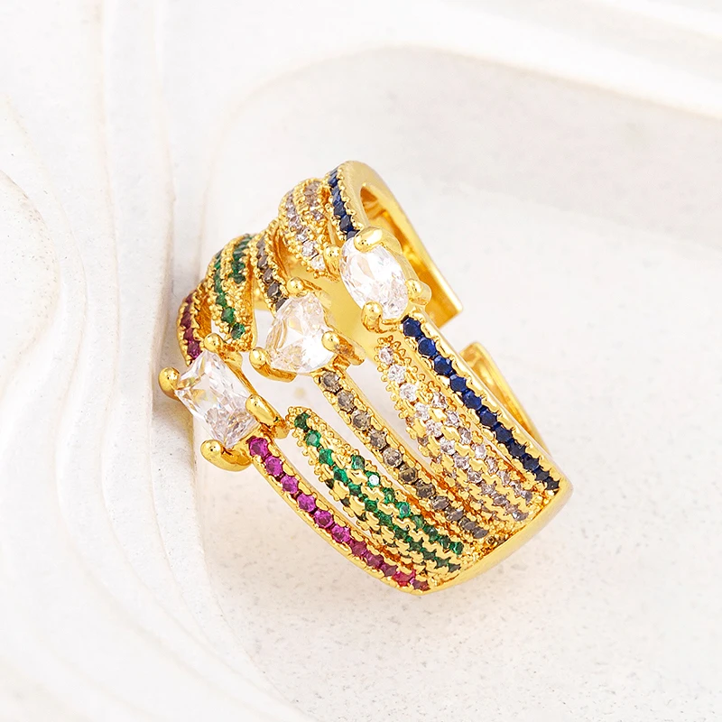 AIBEF Fashion Multi-Layered Finger Rings with Rainbow Zircon Wide Version Gold Color Rings for Women Party Jewelry 2022