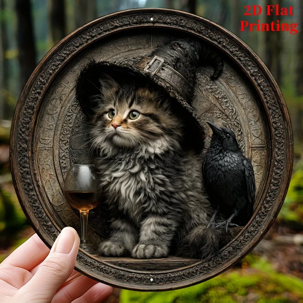 2D Flat Vintage Witchy Halloween Cat Crow Wine Gothic Dark Academia Witch Hat Spooky Cottagecore Aesthetic Round Wooden Sign, Bo