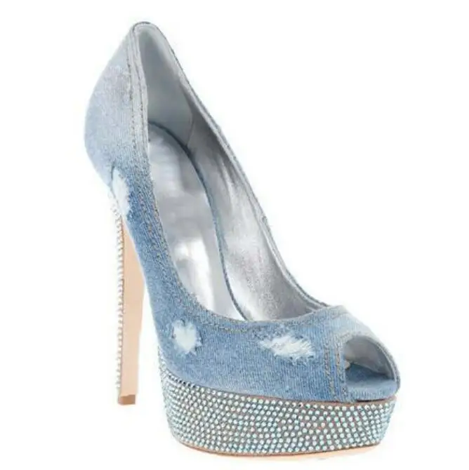 

Blue Denim Peep Toe Rhinestone Platform Pumps White Heart Patched Slip On Women Shoes Crystal High Heels Party Zapatos Mujere