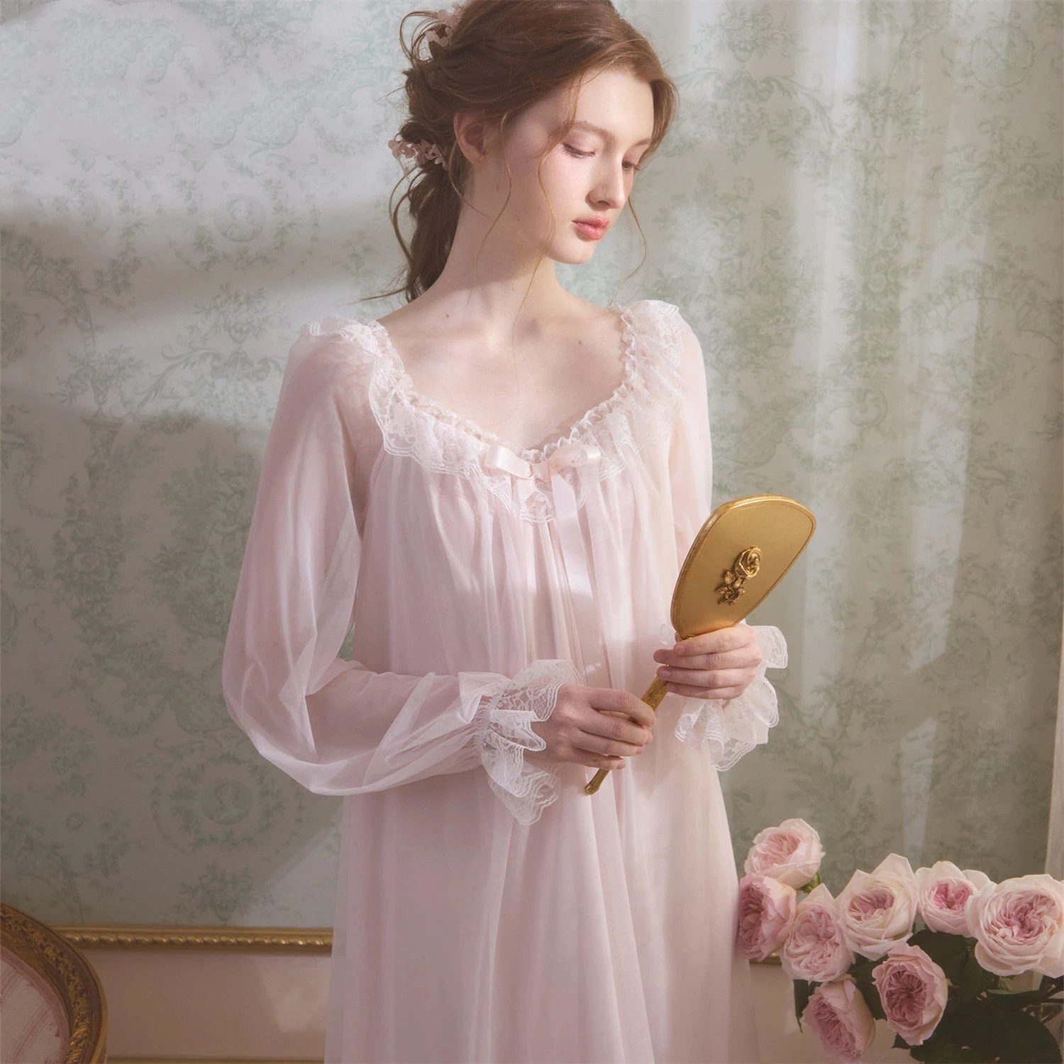 

Lace Nightgown Sleepwear Women Korean Ruffles Night Dress Spring One Piece Pajamas Long Sleeve Home Wear Slim Nightdress Elegant