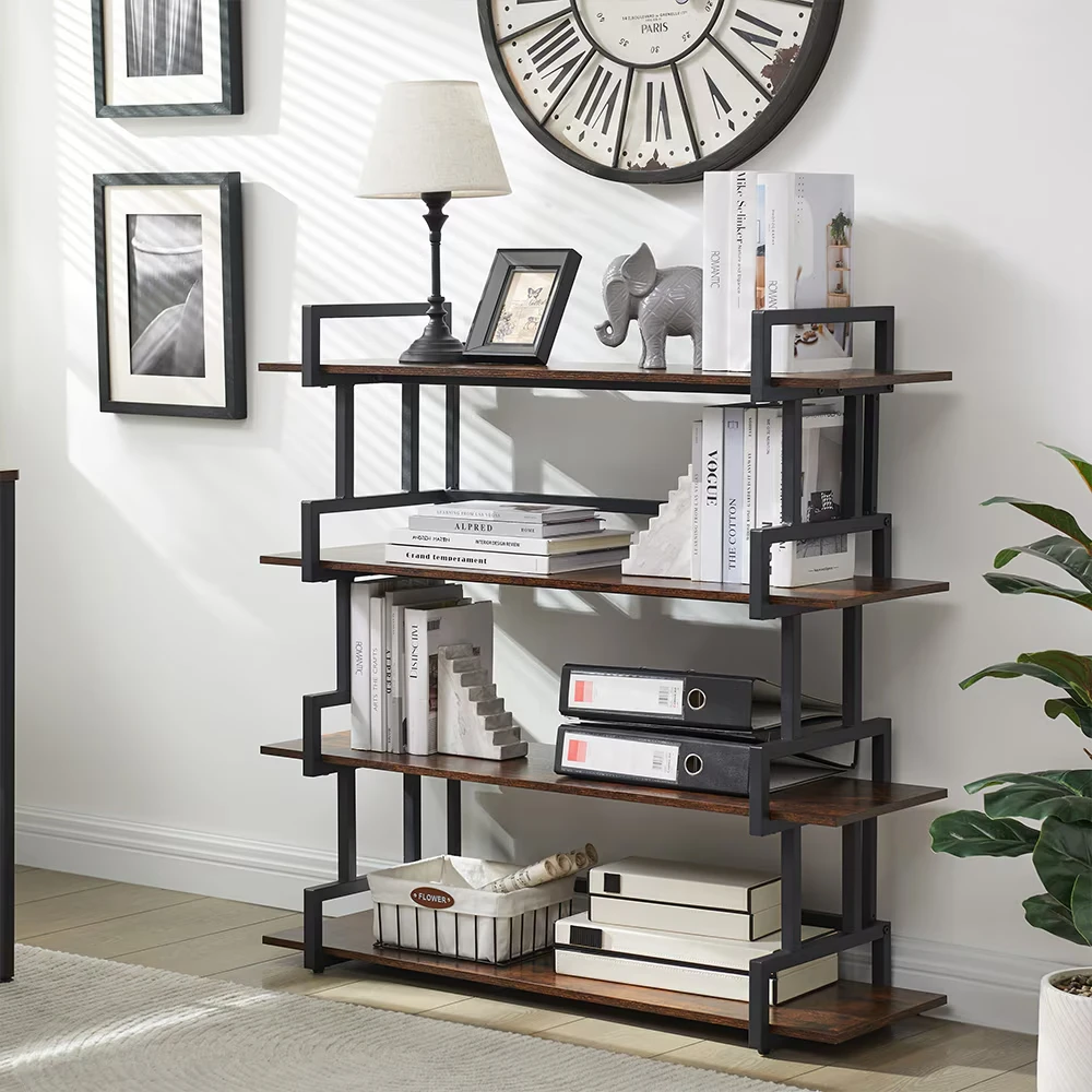 Open Bookshelf Metal Wood Industrial 4 Storey Widescreen Storage Bookshelf Bedroom Living Room Study Display Rack