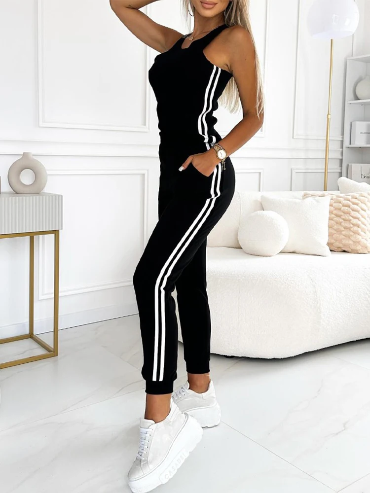 Striped Tape Patch Tank Top & Cuffed Pants Set With Buttoned Jacket