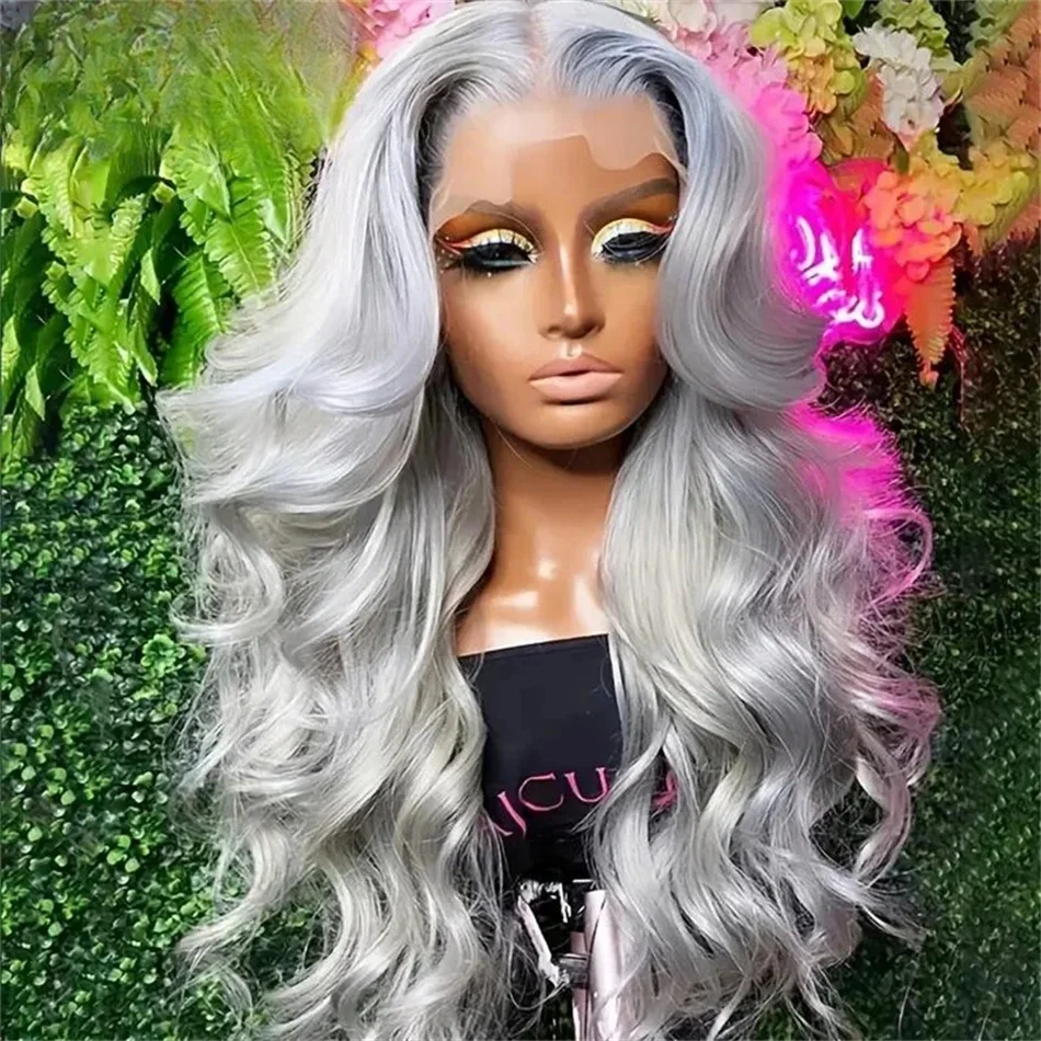 

Cosplay Brazilian Human Hair Wig Colored Grey Body Wave 200 Density Transparent 13x4 Lace Frontal Wigs For Women Pre Plucked