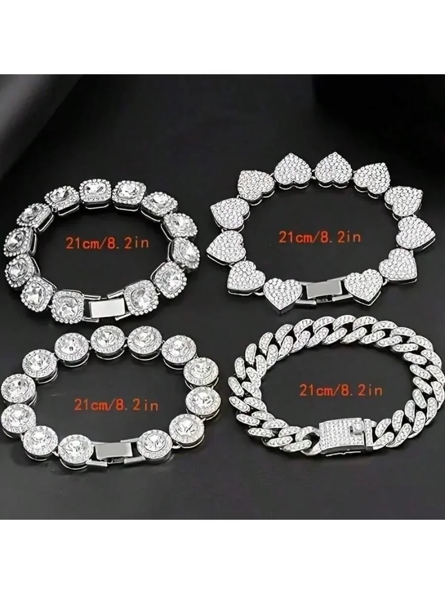 Set di braccialetti a catena cubana con strass pieni di design di nicchia alla moda da 4 pezzi, accessori hip-hop con strass personalizzati alla moda.