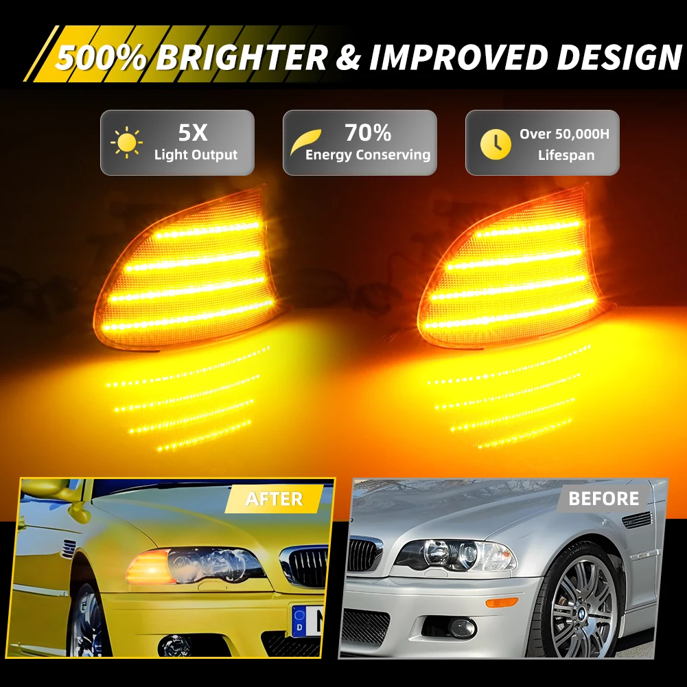 2X For 2000 2001 BMW 323Ci/325Ci/328Ci/330Ci/M3 Front Corner Parking Light Turn Signal Light Side Marker Light DRL Light W/LED