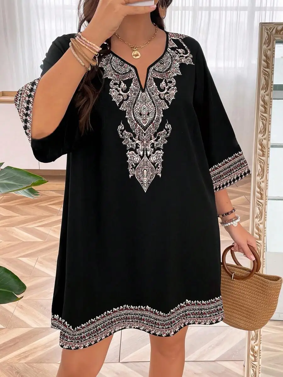 Sukienka damska plus size w stylu vintage z haftem, prosta, do noszenia na co dzień.