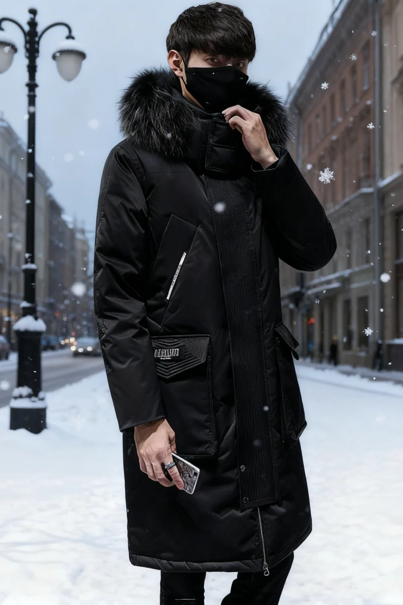 Men's Knee-Length Down Parka with Faux Fur Trim - Heavyweight Workwear Coat for Extreme Cold