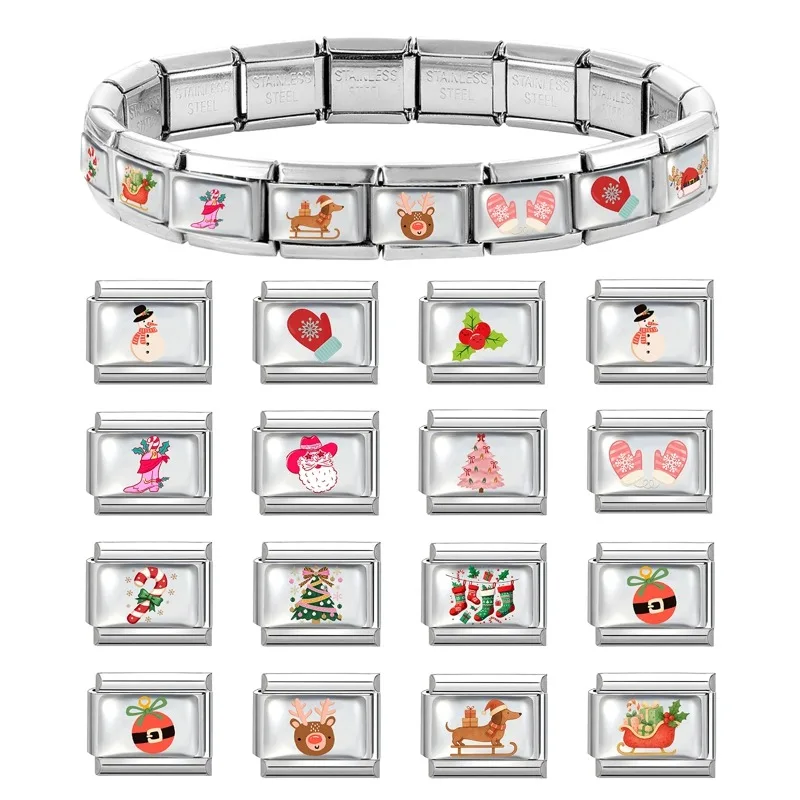 Big Bearded Santa Claus Xmas Tree Italian Charm Links Fit 9mm Stainless Steel Bracelet Y2K Men Women DIY Making Gifts Wholesale
