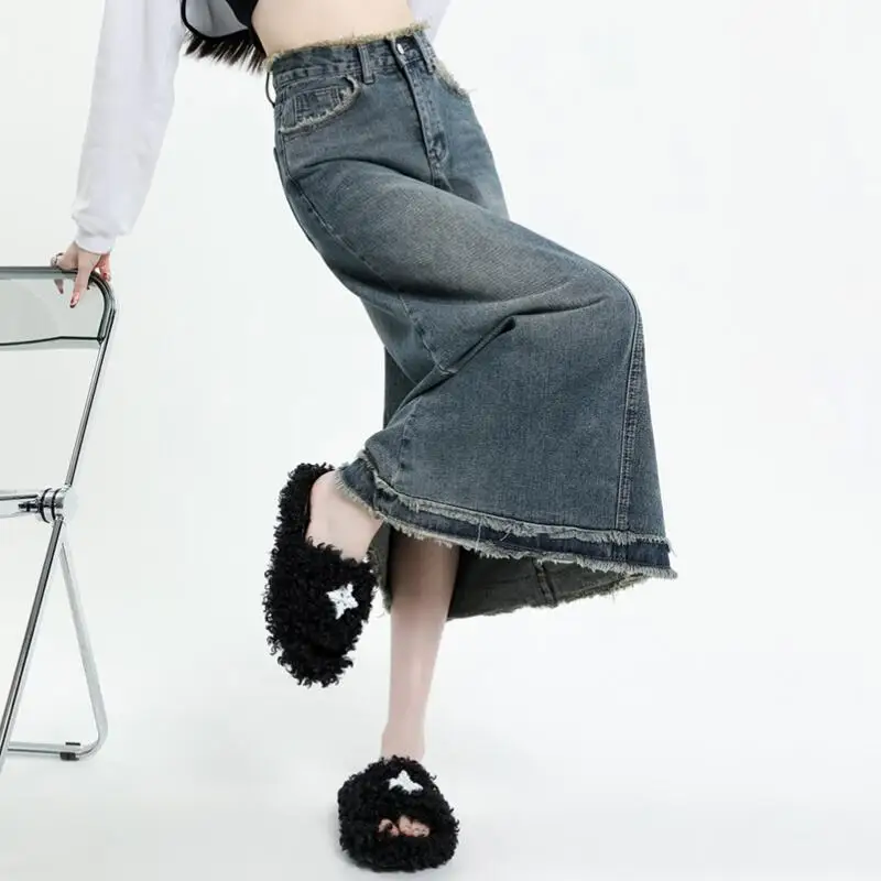 

Vintage High Waist A-line Denim Skirt Women Casual Long Jupe Y2k Punk Jeans Skirts Fashion Rough Selvedge Faldas w601