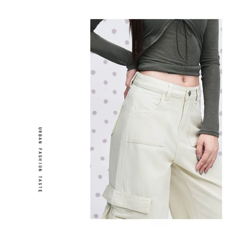 2026 Early Autumn Women Cream White American Multi‑Pocket Cargo Jeans Loose Straight Versatile Fashion Street Casual Denim Pants