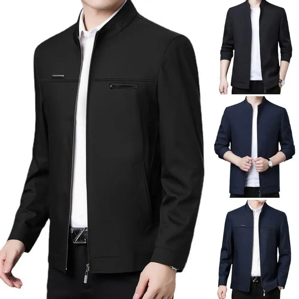 Men Warm Jacket Men's Slim Fit Stand Collar Jacket with Zipper Placket Stylish Mid-aged Business Coat with Pockets for Spring