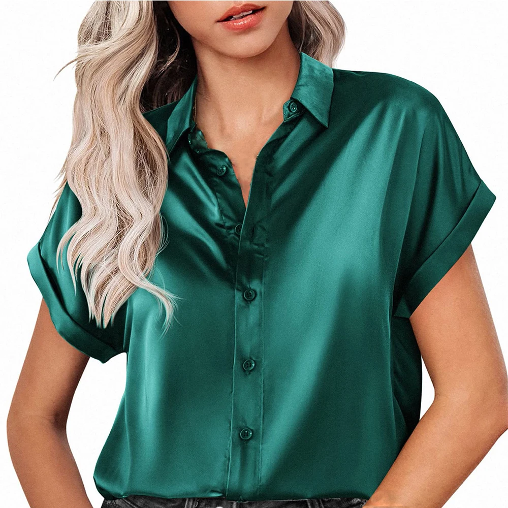 Camisas de manga corta de satén para mujer, blusa transpirable, cómoda, informal, Simple, elegante, Color sólido, para viaje diario, novedad de verano