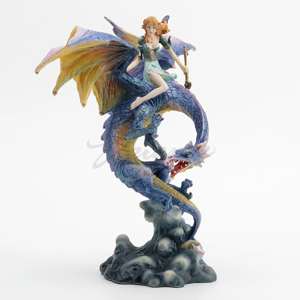Fairy Riding Blue Dragon Statue Winged Elf with Magic Staff Fantasy Dragon Rider Resin Figurine Mythical Creature Desktop Decor