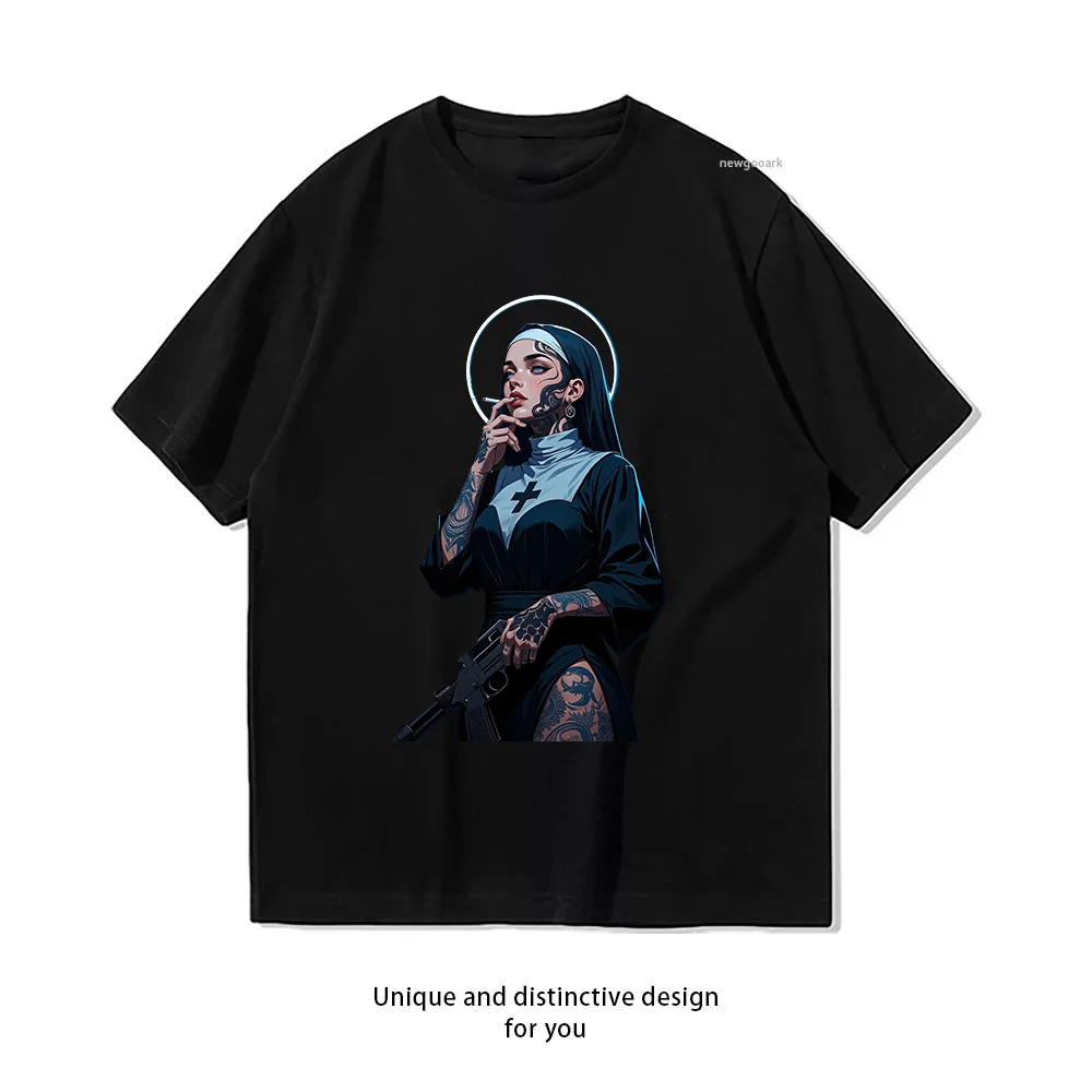 Nun Rebel Gun Tattoo Art  Casual Cotton Short Sleeve Tee for Men Women