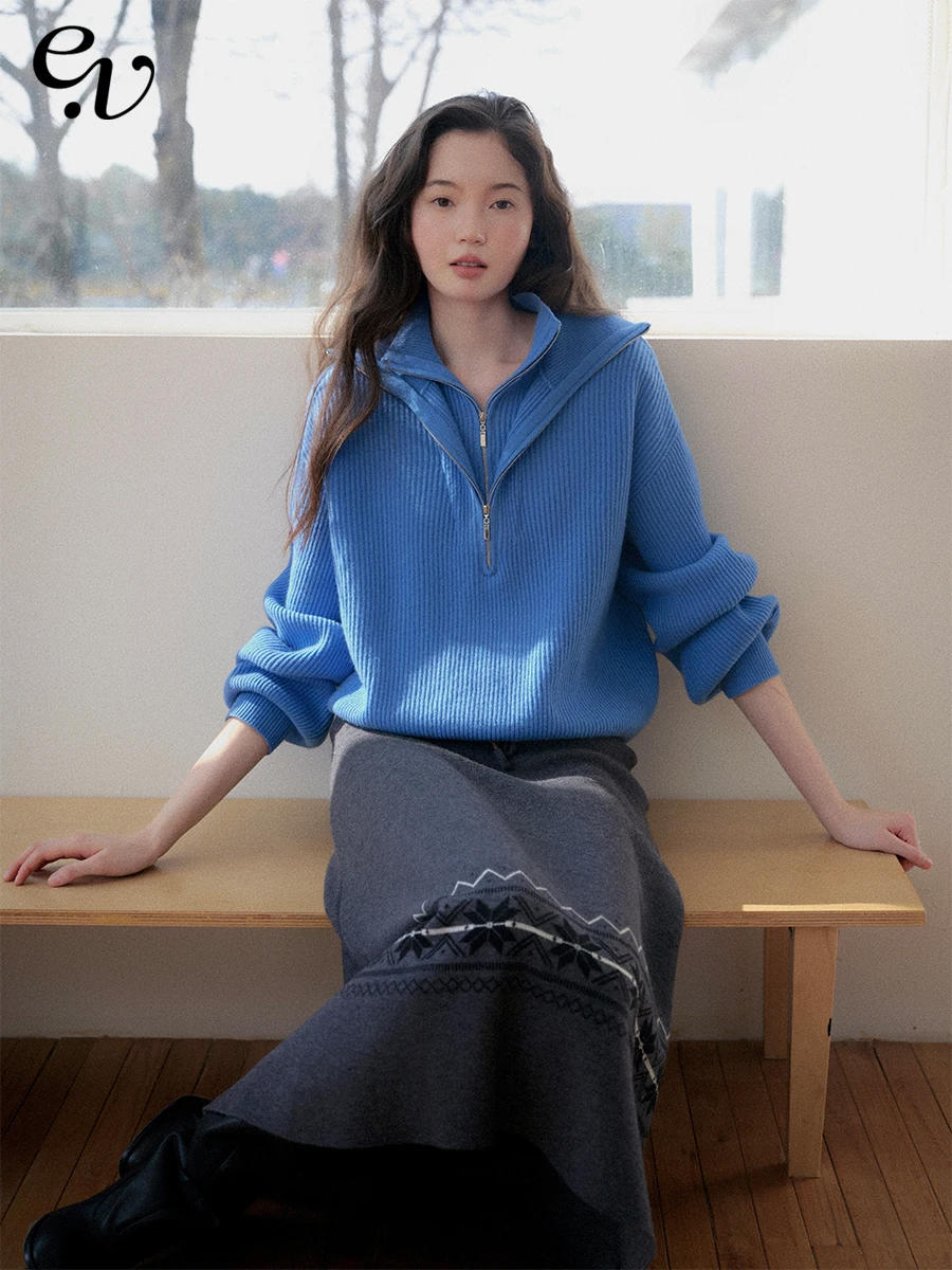 

Even Vintage 00% Wool Knitted Zipper Ne Double Layered Blue Sweater Women's Faion Retro Sle Long Sve Hoodie Coat