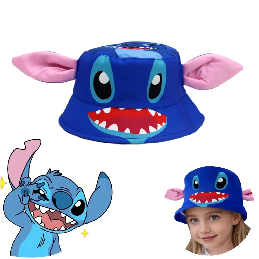 

Cute Stitch Pattern Kids Blue Bucket Hat Lightweight Sun Hat with Pink Large Ears Cartoon Outdoor Fisherman Cap for Boys Girls