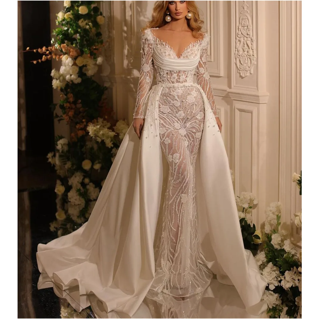 

Luxury Wedding Dresses Long Sleeves V Neck Sequins Beaded Appliques Lace Pearls Detachable Train Bridal Gowns Vestina De Novia