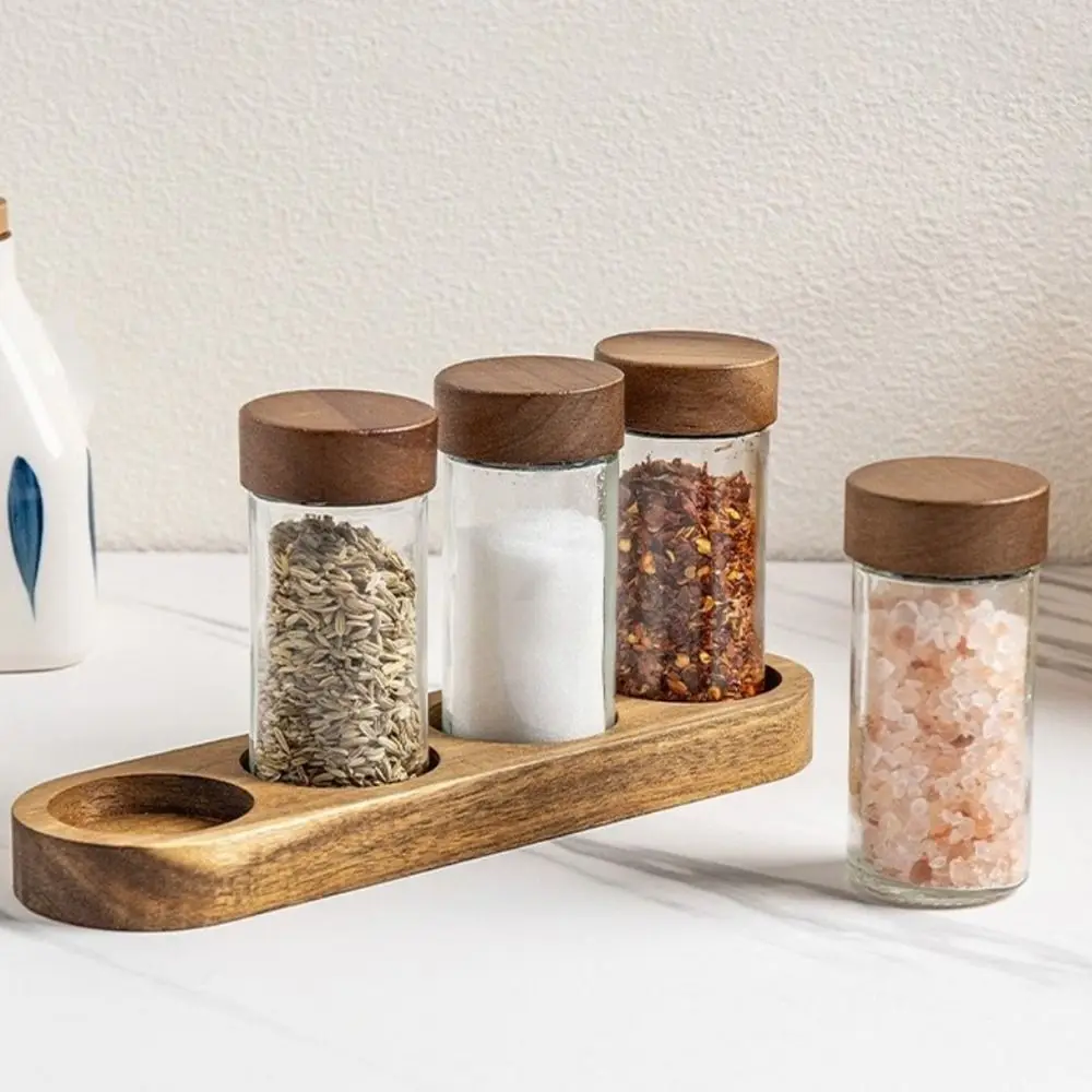 

4PCS Transparent Glass Seasoning Jars Sealed Moisture-proof Spice Jars with Wooden Pallets Golden Bean Bottle Mini Glass Bottles