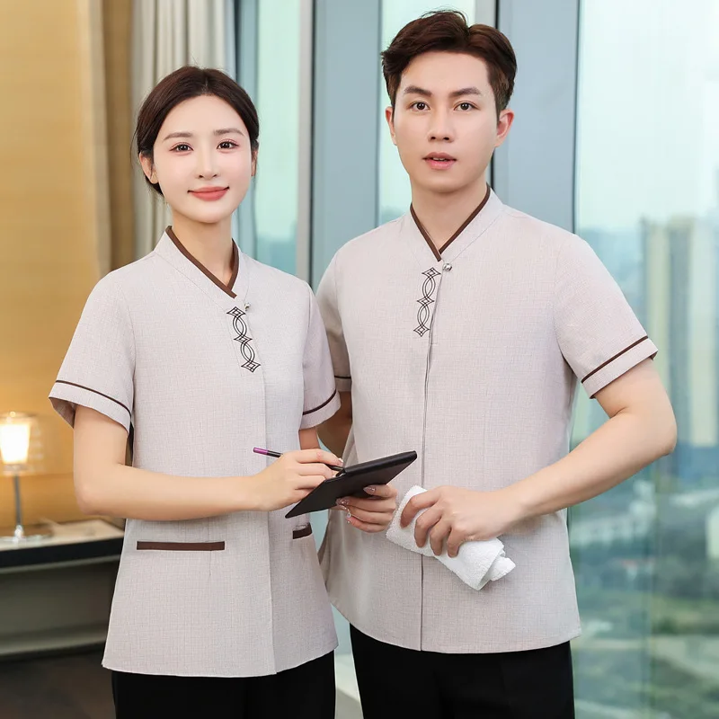 

Summer Cleaning Staff Uniform Short Sleeve Linen Breathable Housekeeping Cleaning Aunt Property Company Floor Cleaning Workwear