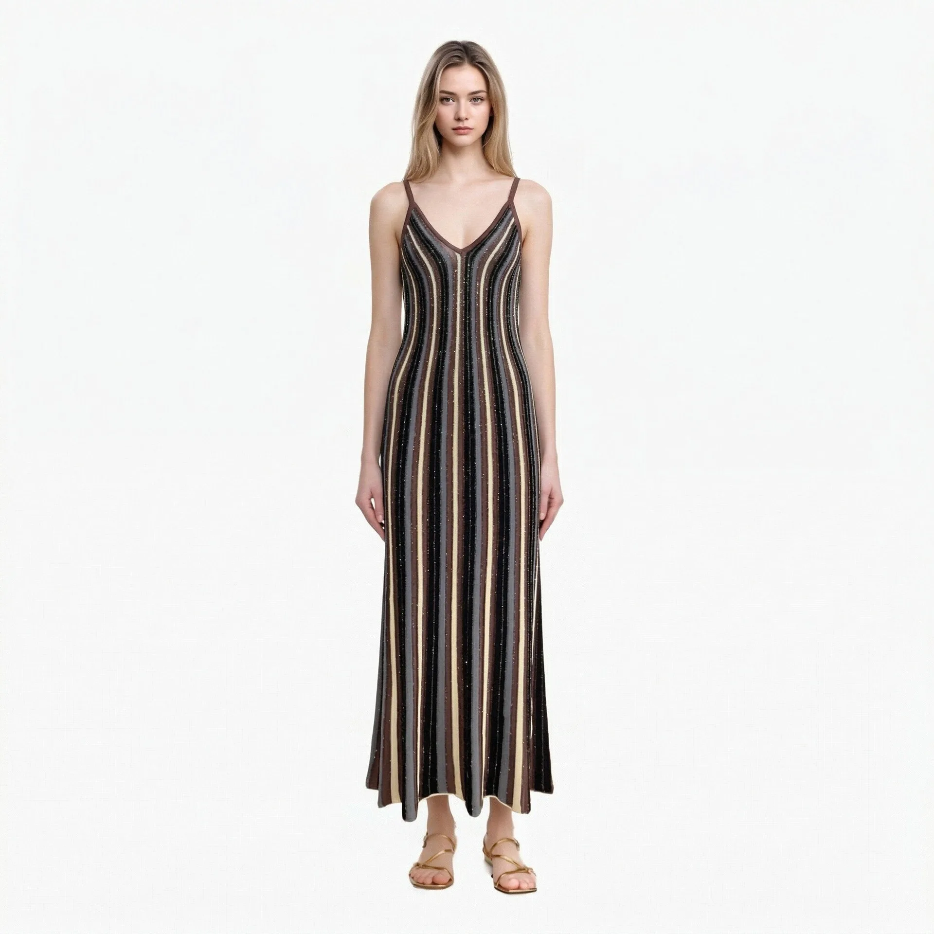 

High-end Spring and Summer Elegant Lady V-neck Sleeveless Sequin Pullover Striped Mid-length Knitted Dress